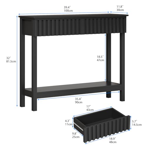 Fluted Console Table with 2 Drawers Narrow Sofa Table with Open Storage Shelf Modern Behind Couch Tables Long Entryway Table for Foyer Hallway