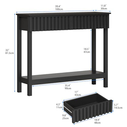 Fluted Console Table with 2 Drawers Narrow Sofa Table with Open Storage Shelf Modern Behind Couch Tables Long Entryway Table for Foyer Hallway