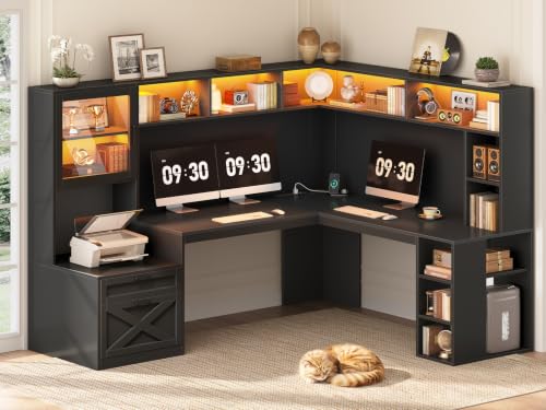 68" Farmhouse L Shaped Computer Desk with Hutch, Storage Drawers, view 2