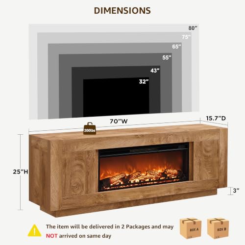 70" Fireplace TV Stand for 80" TV, 36" Electric Fireplace, Light Oak, view 3