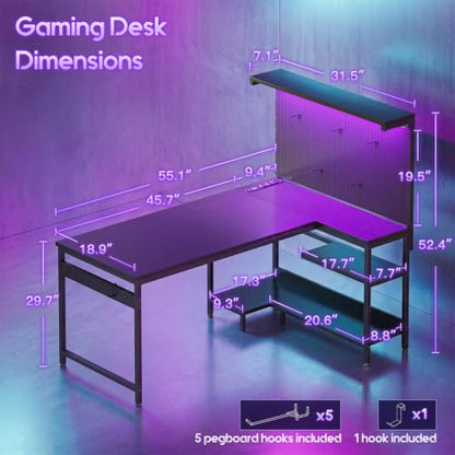 55" L Shaped Gaming Desk with Pegboard Hutch, LED Lights, Black, view 3
