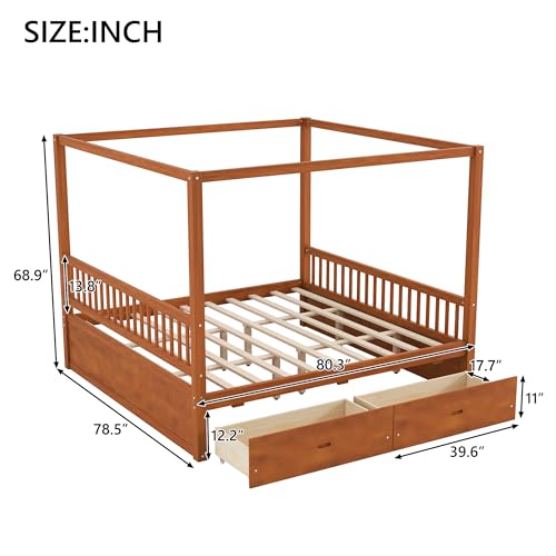 JIJIWANG King Canopy Bed with Storage Drawers & Four Poster Frame, Walnut, view 3