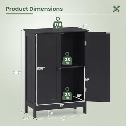 Bathroom Storage Cabinet, Freestanding Wooden Floor Cabinet with Double Doors, Adjustable Shelf, Modern Storage Organizers for Kitchen, Living Room, Entryway (Black)