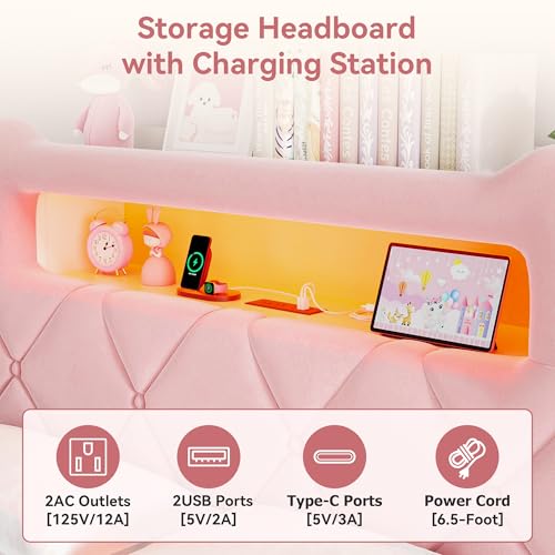 Velvet Princess Bed with Storage, Charging, Pink, view 7