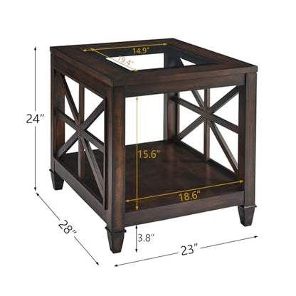 Set of 2 Solid Wood End Tables with Tempered Glass Top, 28" x 24" Large Farmhouse Side Table for Living Room, Bedroom & Office, Vintage Walnut