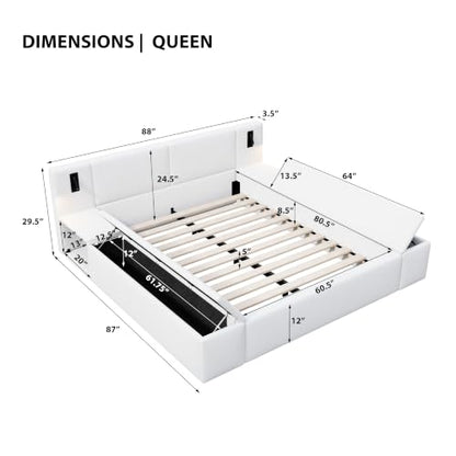 Queen Size Teddy Fleece Platform Bed, Hidden Storage & Built-In Nightstands