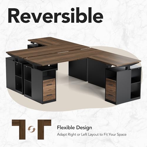 63 Inch L Shaped Standing Desk, Electric Executive Height Adjustable Desk with Storage Drawers, Reversible Design Computer Workstation for Home Office, Black Walnut