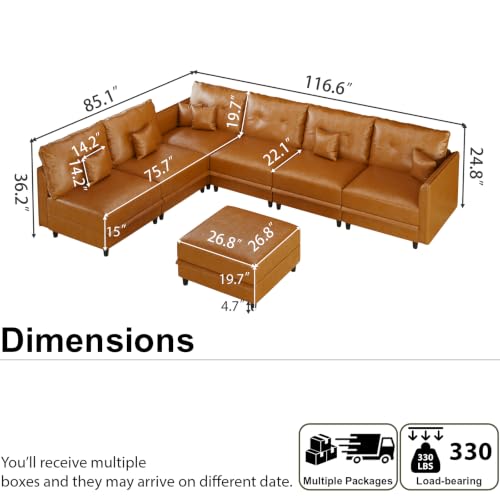7-Seater L-Shaped Sectional Modular Sofa with Storage, Deep Seat Faux Leather Couches for Living Room, Waterproof & Scratch Resistant, Cognac Tan