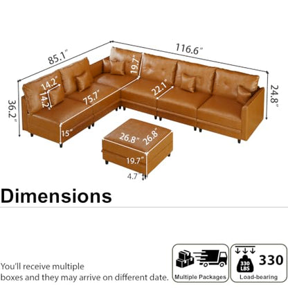7-Seater L-Shaped Sectional Modular Sofa with Storage, Deep Seat Faux Leather Couches for Living Room, Waterproof & Scratch Resistant, Cognac Tan