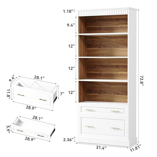 72.8-Inch Tall 4-Shelf Bookcase with 2 Drawers, view 3