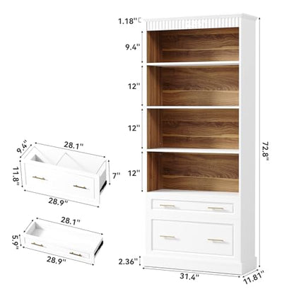 72.8-Inch Tall 4-Shelf Bookcase with 2 Drawers, view 3