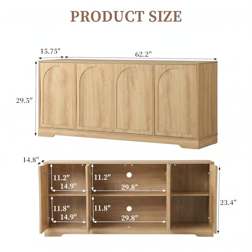 62.2 Inch TV Stand for TVs up to 70 Inches, Tall Entertainment Center Cabinet with 4 Fluted & Arched Doors and Cable Management for Living Room Bedroom, Natural Oak