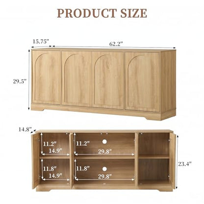 62.2 Inch TV Stand for TVs up to 70 Inches, Tall Entertainment Center Cabinet with 4 Fluted & Arched Doors and Cable Management for Living Room Bedroom, Natural Oak