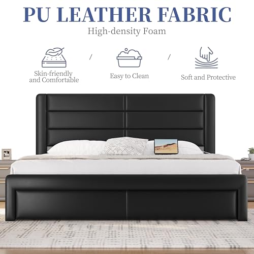 King Upholstered Bed Frame with Storage & Charging, view 5