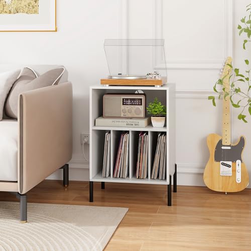 Record Player Stand with Charging Station, Turntable Stand with Storage Cabinet, view 3