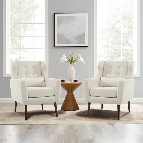 Modern Accent Chair Chenille Fabric Upholstered Tufted Side Wingback Chair,Mid Century Reading Armchair with Waist Pillow Backrest for Living Room Bedroom (Beige)