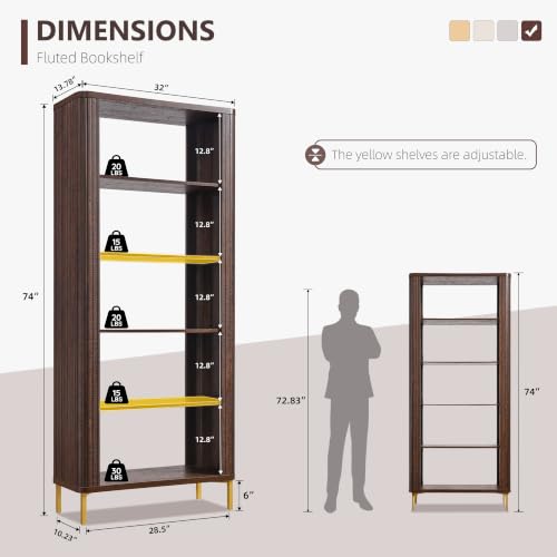 74" Tall Fluted Bookshelf, 5 Tiers Modern Curved Bookcase, Brown, view 3