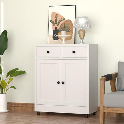 Metal Storage Cabinet with 2 Drawers and Adjustable Shelf, Sideboard Buffet Cabinet for Home, Office, Hallway, Entryway, Living Room, Kitchen Pantry and Dining Room (White)