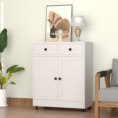 Metal Storage Cabinet with 2 Drawers and Adjustable Shelf, Sideboard Buffet Cabinet for Home, Office, Hallway, Entryway, Living Room, Kitchen Pantry and Dining Room (White)