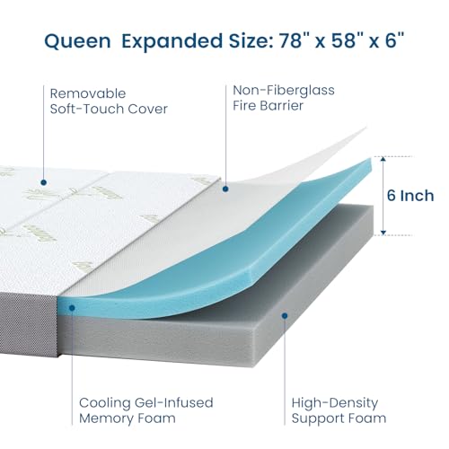 Trifold Mattress Queen Size, 6 Inch, Portable Folding Mattress with Memory Foam, Removable Washable Cover, Foldable Floor Guest Bed for Yoga Mat, Camping, RV Trips & Murphy Bed (78" x 58" x 6")