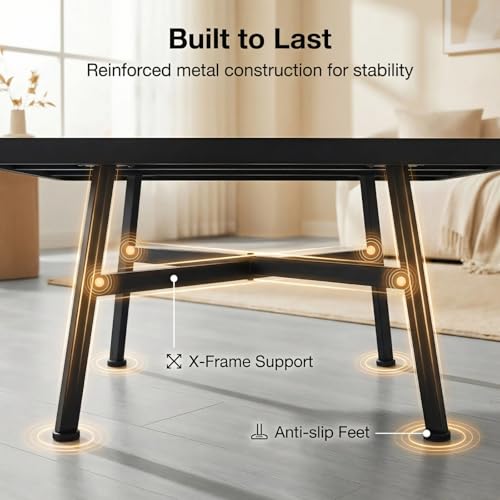 Square Coffee Table, Industrial Center Table for Living Room, Rustic Wood Desktop Storage Shelf with Metal X-Shape Table Leg, Modern Home Furniture