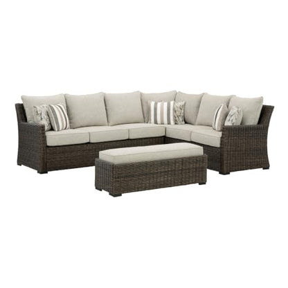 Signature Design by Ashley Brook Ranch Outdoor Sectional, All‑Weather Resin Wicker Patio Furniture With High‑Performance Cushions, Durable Aluminum Frame, Neutral