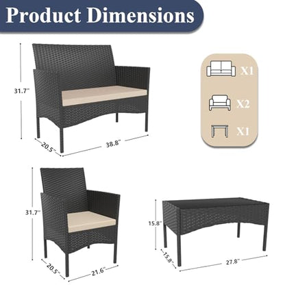 Outdoor Patio Furniture Set, 4 Pieces Patio Conversation Set Wicker Chairs with Glass Table and Soft Cushion for Porch,Backyard, Poolside (Sand)