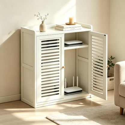 Router Storage Cabinet with Adjustable Shelves, Ventilated Doors, White, view 2