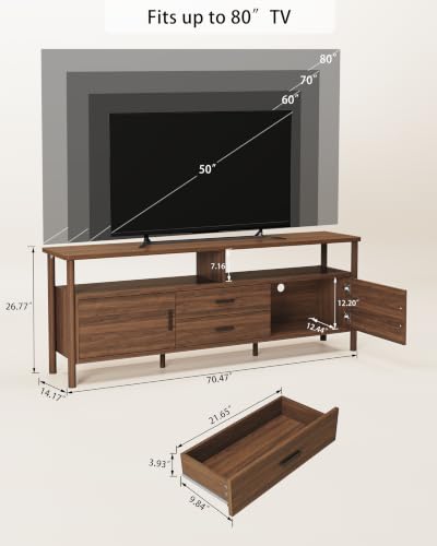 70" Long TV Stand, Mid Century Modern Entertainment Center with Open Shelves, view 3