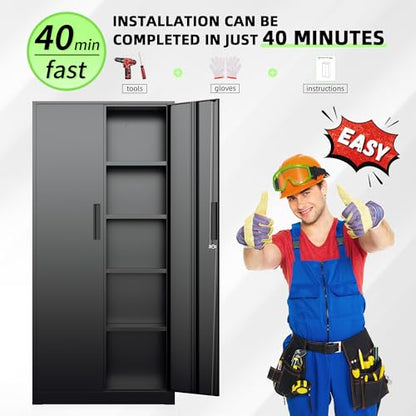 72" Storage Cabinet,2 Locking Doors & 4 Adjustable Shelves,Tall Cabinets,Heavy Duty Steel Cabinet for Home, Office, Warehouse, School (Black)