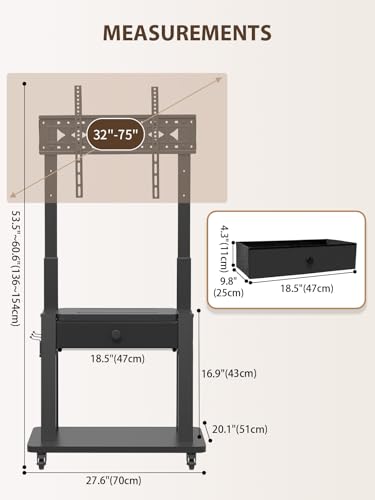 Rolling TV Stand with Fabric Drawer for 32-75 Inch Flat/Curved Screen, view 3