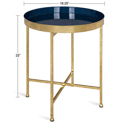 Celia Metal Foldable Round Accent Table, 18.25" x 18.25" x 22", Navy Surface and Gold Frame, Modern Minimalist Design and Detachable Magnetic Tabletop
