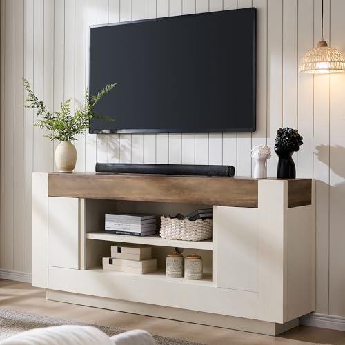 Modern 70" TV Stand, Entertainment Center for TVs Up to 80", Media Console with Large Open Storage & Side Cabinets, Thick Wood Design for Living Room, Antique White