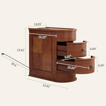 Narrow Solid Wood End Table with Charging Station, Brown | Vintage Slim Sofa Side Table & Nightstand, 2 Drawers, Compact Wood Storage, Fully Assembled