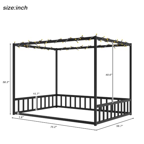 Full Canopy BedFrame with led, Metal Montessori House Floor Bed, view 3
