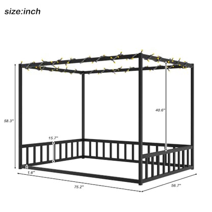 Full Canopy BedFrame with led, Metal Montessori House Floor Bed, view 3