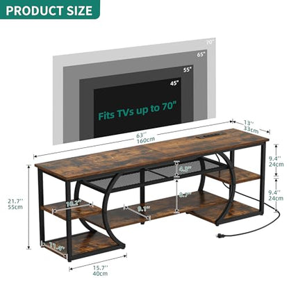TV Stand for 65/70 Inch TV, LED TV Stands for Living Room w/Power Outlets, Entertainment Center with Storage, Wood Television Stand, TV Console Table, Rustic Brown