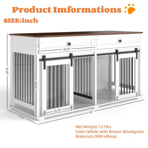 63" Large Double Dog Crate Furniture for 2 Dogs, view 3