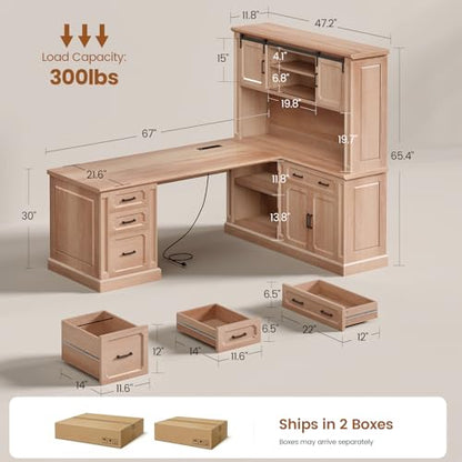 67" Farmhouse Desk with Hutch, L Shaped Office Desk with 4 Drawers & Storage Cabinet, Executive Corner Computer Desk with Sliding Doors, File Drawer & Power Outlet for Home Office, Oak