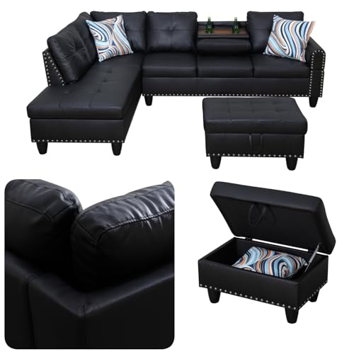 97.5" L Shaped Couch Set, Modular Sectional Couches for Living Room with Storage Ottoman, 4 Seat Home Sofa Living Room Furniture Sets with Chaise for Apartment Office (Leather, Black)