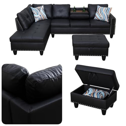97.5" L Shaped Couch Set, Modular Sectional Couches for Living Room with Storage Ottoman, 4 Seat Home Sofa Living Room Furniture Sets with Chaise for Apartment Office (Leather, Black)