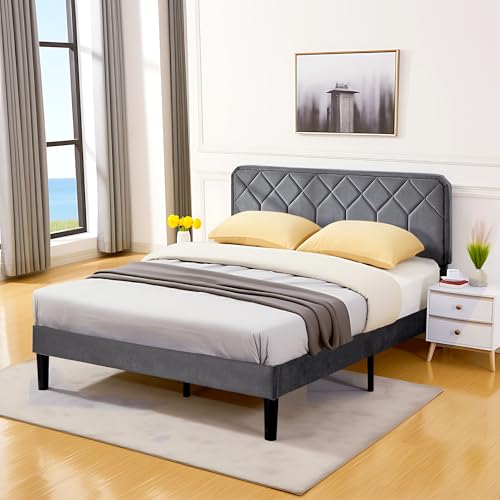 Queen Size Bed Frame, Velvet Upholstered Platform with Adjustable Headboard, view 6