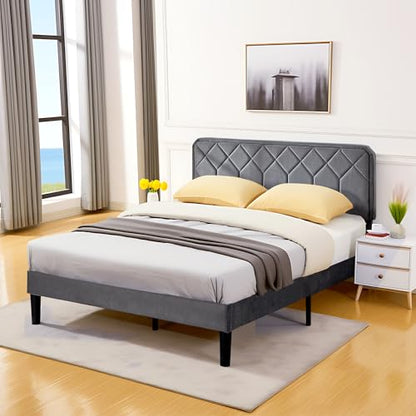 Queen Size Bed Frame, Velvet Upholstered Platform with Adjustable Headboard, view 6