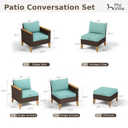 7-Piece Wicker Patio Conversation Set, Outdoor Rattan Sectional Pool Furniture Patio Set for 7 Seats with Cushioned 2 x Single Sofa, 2 x Armrest Chair, 2 x Ottoman and 1 x Armless Sofa, Blue