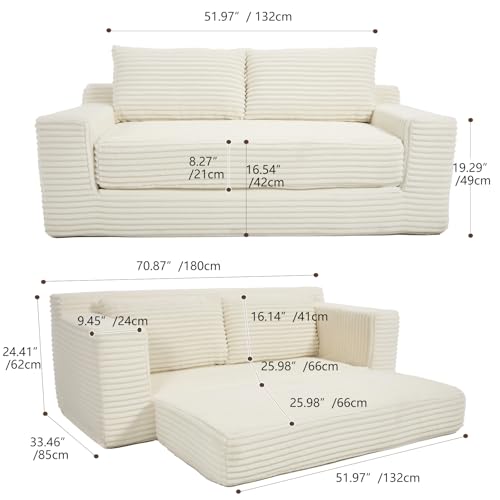Boneless Couch, 2 in 1 Convertible,71" Corduroy Cloud Loveseat Sofa,Memory Foam Couch in a Box,No Assembly Small Sofa for Living Room,Apartments, Home Office,Bedroom-Beige
