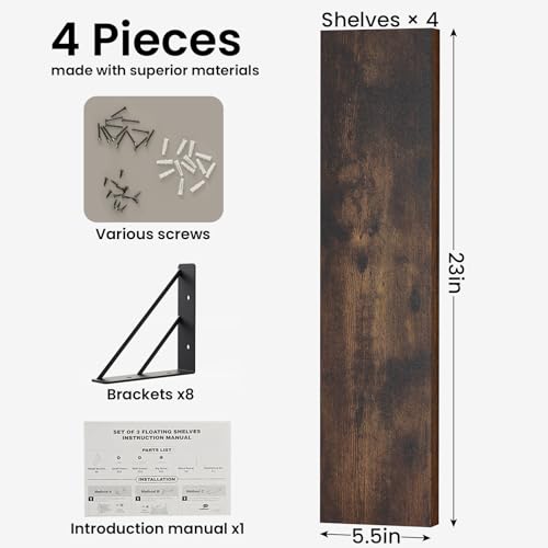 Wall Shelves for Bedroom Decor, Floating Shelves for Wall, Display Mounted Rustic Wood Shelf for Books,Plants,Corner Shelves for Bathroom,Kitchen,Living Room(Rustic Brown，23in，Set of 4)