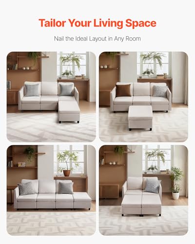 Modular Sectional Sofa, 3-Seater Modular Sofa with Hidden Storage, Customizable Cloud Sectional Couch with Ottoman, Solid Wood Frame Upholstered Couch for Living Room, Bedroom, Beige