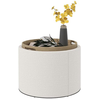 Round Storage Ottoman with Flip Top Tray, Upholstered Fabric Foot Stool, Small Coffee Table with Hidden Compartment, Accent Vanity Stool for Living Room, Cream White