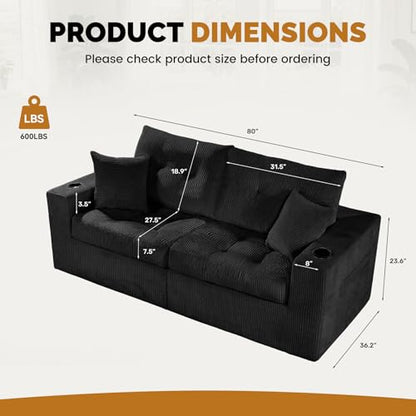 80" Boneless Loveseat Sofa, Cloud Couch with Layered Cushion, Small Couch Compressed Foam Sofa for Living Room, Apartment, Office, Black Corduroy