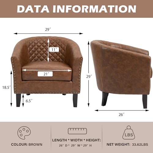 Faux Leather Barrel Accent Chairs Set of 6, Modern Club Upholstered Arm Chair, Comfy Armchair Nailed Trim Living Room Single Sofa Reading Seat Bedroom Side Sitting for Office, Brown